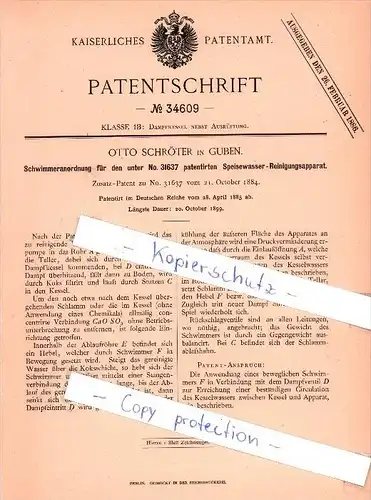 Original Patent  - Otto Schröter in Guben , 1885 , Schwimmanordnung für Reinigungsapparat !!!