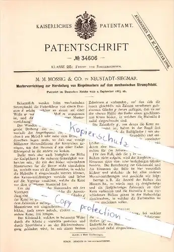 Original Patent  - M. M. Mossig & Co. in Neustadt-Siegmar , 1885 , Ringelmuster auf Strumpfstuhl !!!