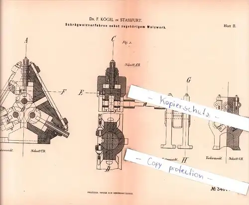 Original Patent  - Dr. F. Kögel in Stassfurt , 1885 , Schrägwalzverfahren nebst Walzwerk !!!