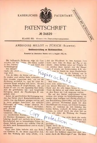 Original Patent  - Ambroise Millot in Zürich  , 1885 , Gebläseeinrichtung an Sichtemaschinen !!!