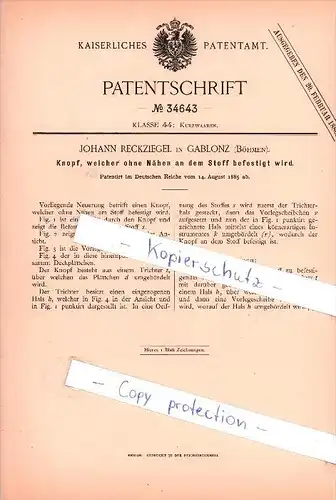 Original Patent  - J. Reckziegel in Gablonz / Jablonec nad Nisou , Böhmen  1885 , Knopf , Knöpfe , Schneiderei !!!