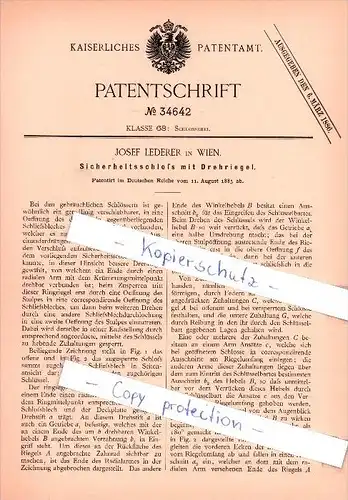 Original Patent  - Josef Lederer in Wien , 1885 , Sicherheitsschloß mit Drehriegel !!!