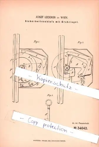 Original Patent  - Josef Lederer in Wien , 1885 , Sicherheitsschloß mit Drehriegel !!!