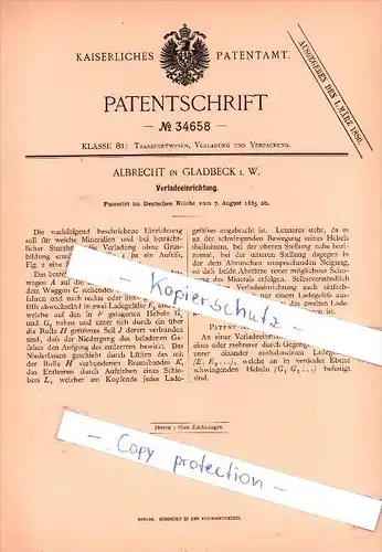 Original Patent  - Albrecht in Gladbeck i. W. , 1885 , Verladeeinrichtung , Transportwesen !!!