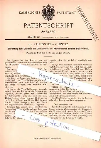 Original Patent  - von Kalinowski in Gleiwitz , 1885 , Entfernen der Zündhütchen aus Patronenhülsen , Munition !!!