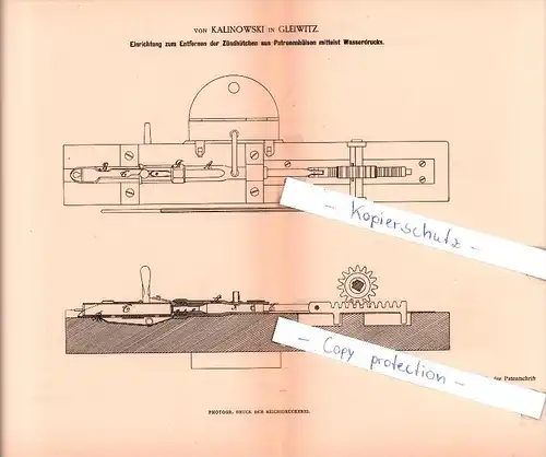 Original Patent  - von Kalinowski in Gleiwitz , 1885 , Entfernen der Zündhütchen aus Patronenhülsen , Munition !!!