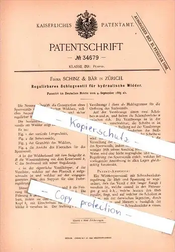 Original Patent  - Firma Schinz & Bär in Zürich , 1885 , Schlagventil für hydraulische Widder !!!