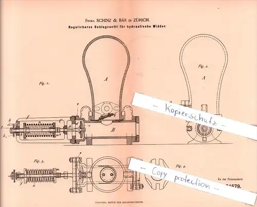 Original Patent  - Firma Schinz & Bär in Zürich , 1885 , Schlagventil für hydraulische Widder !!!