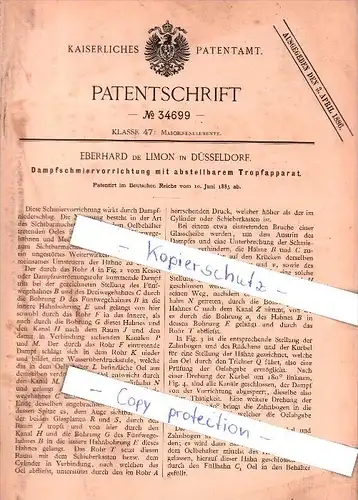 Original Patent  -  Eberhard de Limon in Düsseldorf , 1885 , Dampfschmiervorrichtung mit Tropfapparat !!!