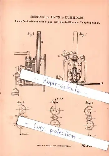 Original Patent  -  Eberhard de Limon in Düsseldorf , 1885 , Dampfschmiervorrichtung mit Tropfapparat !!!