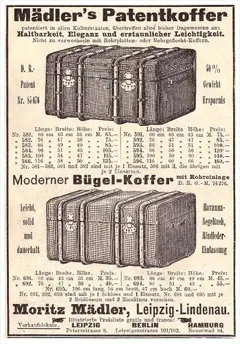 original Werbung - 1901 - Patentkoffer , Moritz Mädler in Leipzig-Lindenau , Koffer , Leder , Taschen !!!