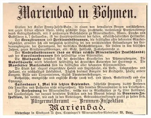 original Werbung - 1884 - Marienbad / Marianske Lazne , W.Benz , Kur , Arzt , Apotheke !!!