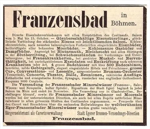 original Werbung - 1884 - Franzensbad / Frantiskovy Lázne , Heilanstalt , Arzt , Apotheke , Kur !!!