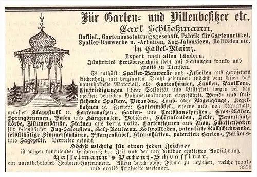 original Werbung - 1884 - Teehaus , Laube , Gartenhaus , E- Schließmann in Castel-Mainz , Pavillon !!