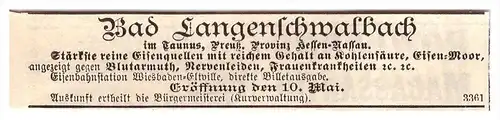 original Werbung - 1884 - Bad Langenschwalbach , Schwalbach , Kur , Arzt , Apotheke !!