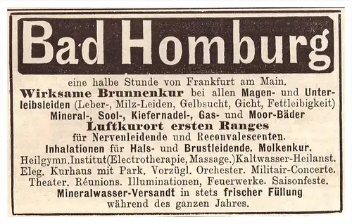 original Werbung - 1884 -  Bad Homburg , Brunnenkur , Kur , Arzt , Apotheke !!