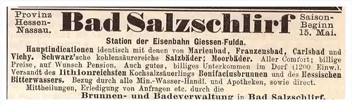 original Werbung - 1884 - Bad Salzschlirf , Kur , Heilanstalt , Arzt , Apotheke !!