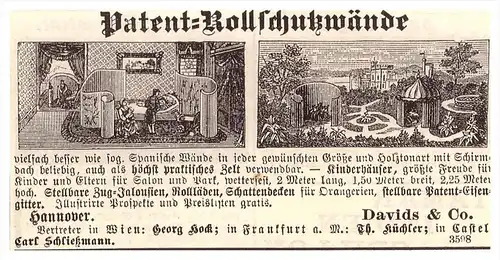 original Werbung - 1884 - Patent-Rollschutzwände , Davids & Co in Hannover , spanische Wand , Architektur , Bau !!!
