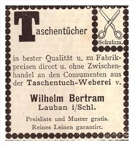 original Werbung - 1884 - Wilhelm Bertram in Lauban i. Schlesien , Taschentuch - Weberei !!!