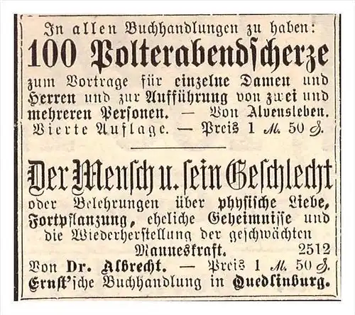original Werbung - 1884 -  Buchhandlung in Quedlinburg , Polterabend , Hochzeit , Bücherei , Dr. Albrecht !!!