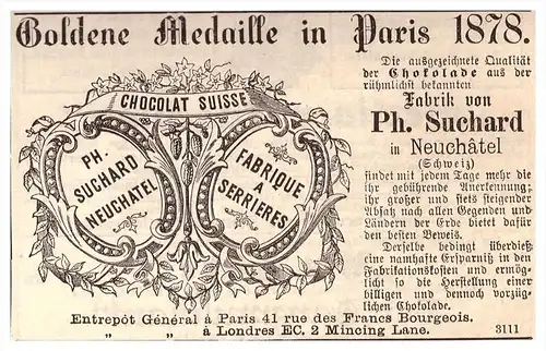 original Werbung - 1884 - Ph. Suchard in Neuchatel , Chocolat Suisse , Schokolade !!!