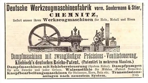 original Werbung - 1884 - Maschinenfabrik in Chemnitz , Dampfmaschinen , Sondermann & Stier !!!