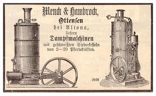 original Werbung - 1884 - Menck & Hambrock in Ottensen b. Altona , Dampfmaschinen , Hamburg !!!