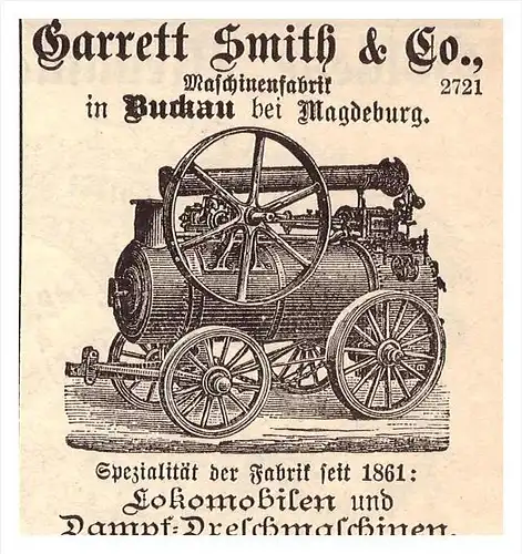 original Werbung - 1884 - Garrett Smith & Co in Buckau b. Magdeburg , Lokomobile , Locomobile , Dampfmaschine !!!