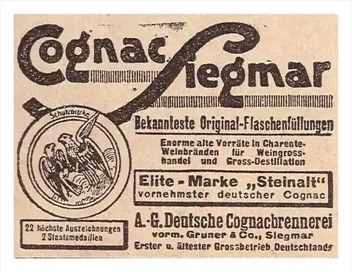 original Werbung - 1916 - COGNAC Siegmar , Elite , deutsche Brennerei Gruner & Sohn in Siegmar !!!