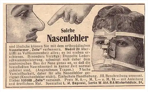 original Werbung - 1916 - Nasenformer für Nasenfehler , L. Baginski in Berlin , Nasen-OP , Schönheitschirurgie !!!