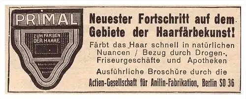 original Werbung - 1916 - PRIMAL - Haarfärbemittel , Friseur , Apotheke , Anilin-Fabrik in Berlin !!!