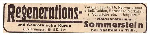 original Werbung - 1916 - Sommerstein b. Saalfeld i.Th., Kur , Sanatorium , Arzt , Apotheke !!!