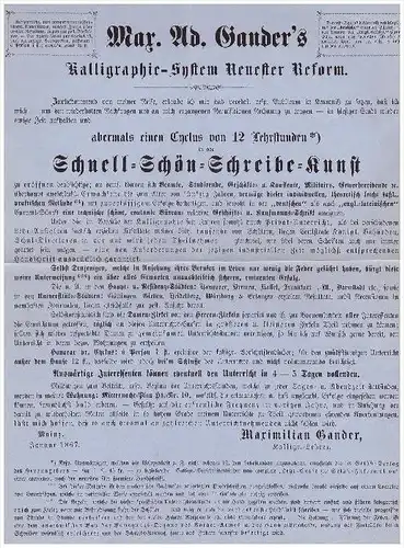 alte Werbung , 1867 , Schreibfeder von Hof- Kalligraph Gander in Mainz , Feder , Federhalter , Kalligraphie !!!