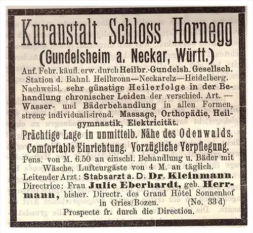 original Werbung - 1897 - Schloss Hornegg , Gundelsheim a. Neckar , Dr. Kleinmann , J. Eberhardt , Arzt , Apotheke !!!