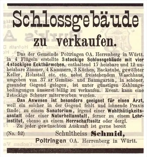 original Werbung - 1897 - Schloss Poltringen / Ammerbuch b. Herrenberg , Krankenhaus , Kur , Arzt , Apotheke !!!