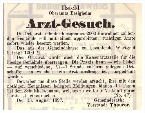 original Werbung - 1897 - Ilsfeld b. Besigheim , Dr. Theurer , Krankenhaus , Kur , Arzt , Apotheke !!!