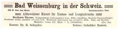 original Werbung - 1884 - Bad Weissenburg b. Thun , Dr. Schnyder , Geb. Hauser , Kur , Arzt , Apotheke , Krankenhaus !!!