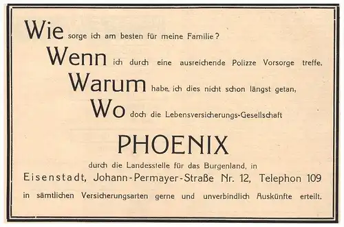 original Werbung - 1930 - PHOENIX - Versicherung in Eisenstadt in Österreich !!!