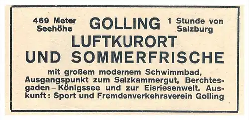 original Werbung - 1927 - Golling an der Salzach , Luftkurort !!!