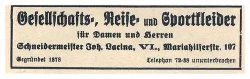 original Werbung - 1927 - Reise- und Sportkleider , Schneidermeister Joh. Lacina in Wien !!!