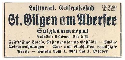 original Werbung - 1927 - Sankt Gilgen , Abersee , Salzkammergut , Luftkurort , Bad Ischl , Zinkenbach !!!