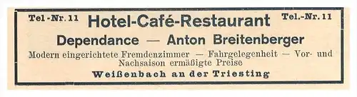 original Werbung - 1927 -  Weissenbach a.d. Triesting , Hotel - Anton Breitenberger , Niederösterreich !!!