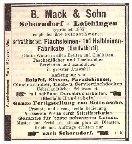 original Werbung - 1898 - B. Mack & Sohn in Laichingen und Schorndorf , Flachsleinen , Weberei , Leinen , Apotheke !!!