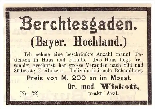 original Werbung - 1898 - Berchtesgaden , Dr. med. Wiskott , Krankenhaus , Kur , Arzt , Apotheke !!!