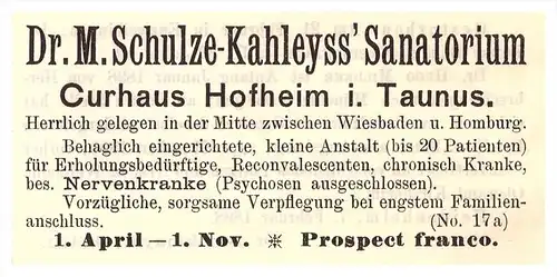 original Werbung - 1898 - Curhaus Hofheim i. Taunus , Dr. Schulze- Kahleyss , Krankenhaus , Kur , Arzt , Apotheke !!!