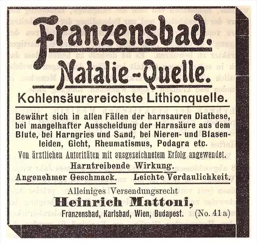 original Werbung - 1898 - H. Mattoni , Franzensbad / Frantiskovy Lázne , Heilanstalt , Arzt , Apotheke , Kur !!!