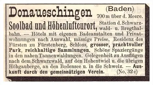 original Werbung - 1898 - Soolbad in Donaueschingen , Heilanstalt , Krankenhaus , Arzt , Apotheke , Kur !!!