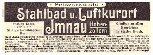 original Werbung - 1898 - Stahlbad Bad Imnau b. Haigerloch , Heilanstalt , Arzt , Apotheke , Kur !!!