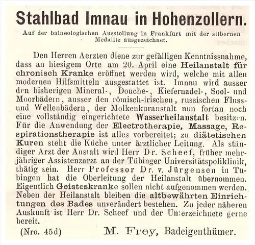 original Werbung - 1884 - Bad Imnau b. Haigerloch , Heilanstalt , Arzt , Apotheke , Kur !!!