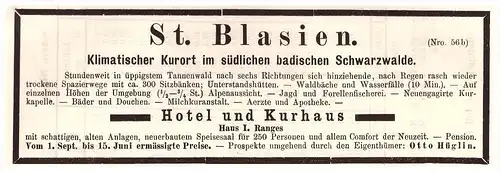 original Werbung - 1884 - Sanatorium St. Blasien , Heilanstalt , Otto Hüglin , Schwarzwald , Arzt , Apotheke !!!